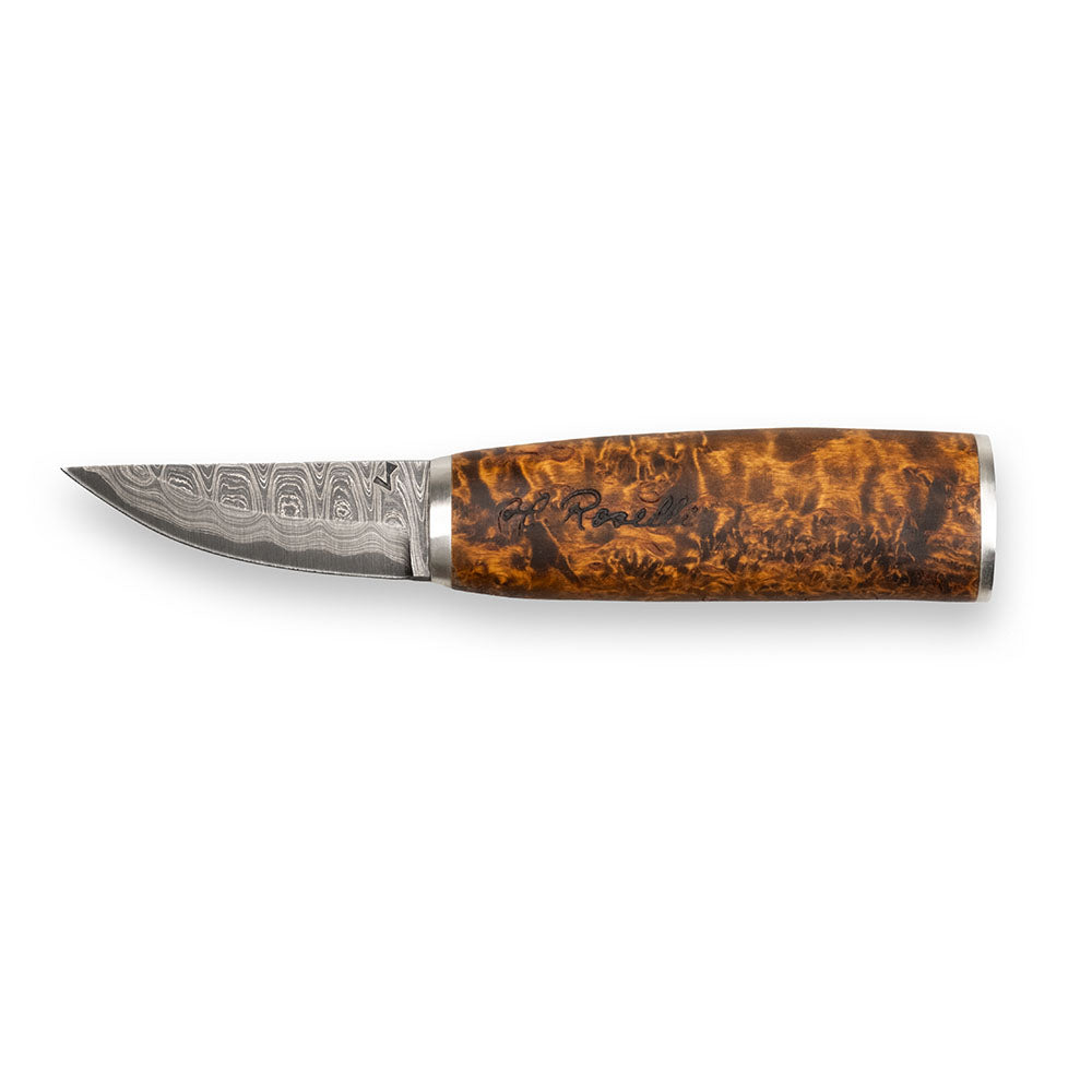 Coltello In Acciaio Damasco SNRR - Fatto A Mano, Lama 8 Cm, Manico In Corno Di Bufalo, Con Guaina In Pelle