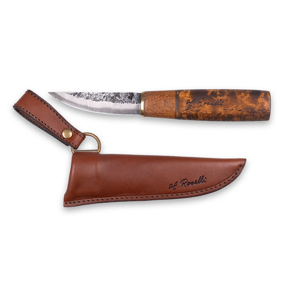 Roselli's handmade Finnish outdoor knife made of carbon steel and a handle of curly birch. Comes with a handmade sheath  made from Finnish leather.