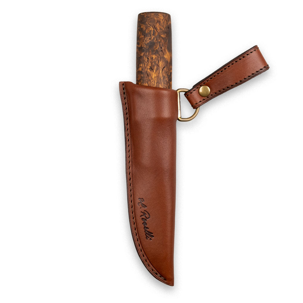 Roselli's handmade Finnish outdoor knife made of carbon steel and a handle of curly birch. Comes with a handmade sheath  made from Finnish leather.