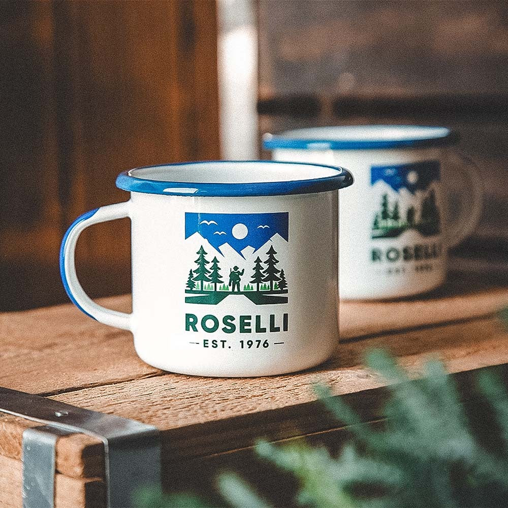 Roselli's camping mug in white and blue. Perfect for camping, hiking and cooking outdoors.
