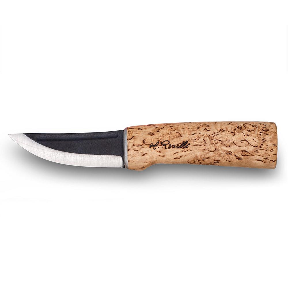 Handmade Finnish hunting knife with a full tang blade and a handle made out of curly birch