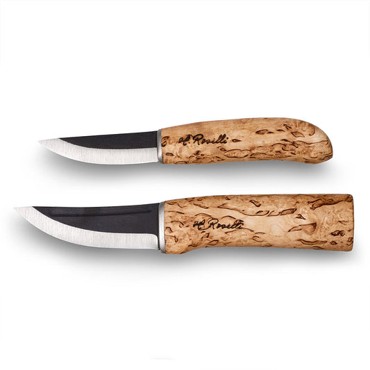 Handmade Finnish knives from Roselli in model "Carpenter knife" and "Hunting knife" with handles made out of curly birch