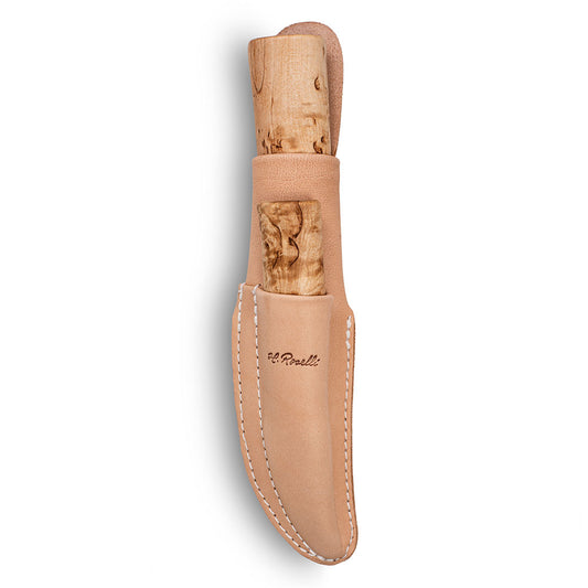 Hamnade Finnish knives from Roselli in models "grandmother knife" and "hunting knife" that comes with a combo sheath made out of light vegetable leather sheath