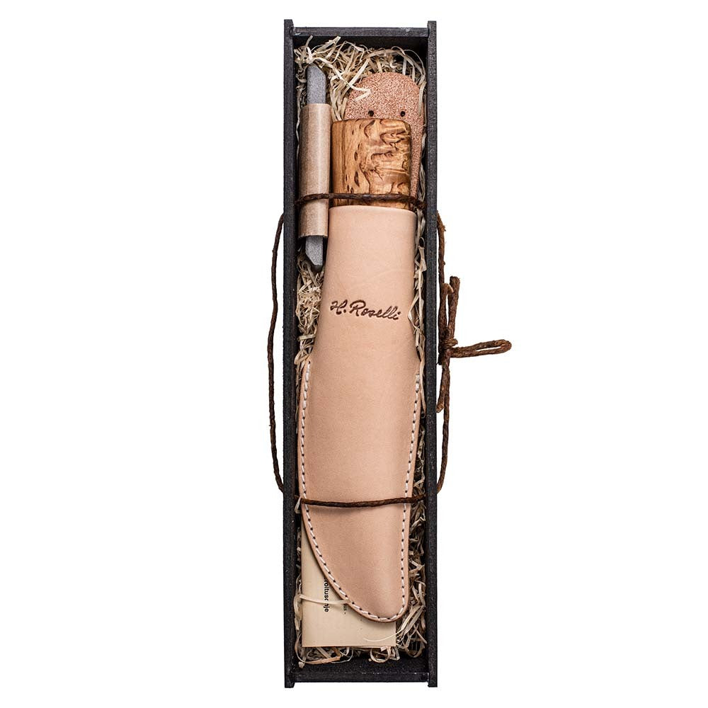handmade Finnish Hunting knife from Roselli that comes with a handmade gift box in black, light tanned leather sheath and a sharpening stone
