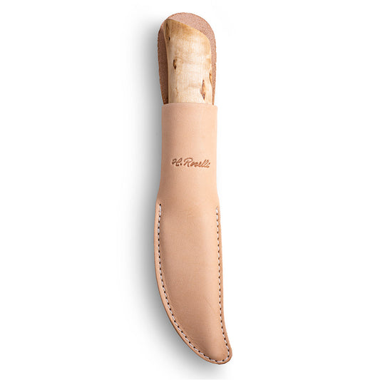 Handmade Finnish hunting knife from Roselli in model "opening knife" with a round tip and a handle made out of curly birch, the knife comes with a light tanned vegetable leather sheath