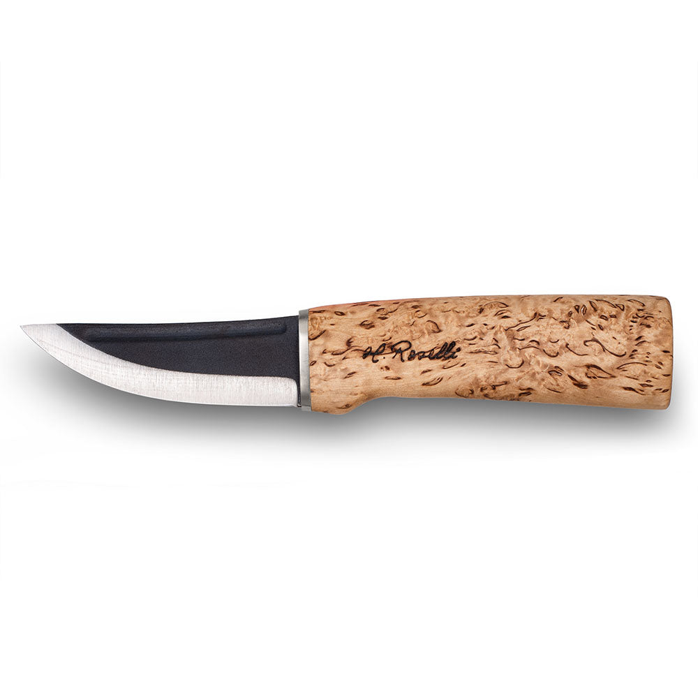 Handmade Finnish hunting knife from Roselli with a handle made out of curly birch