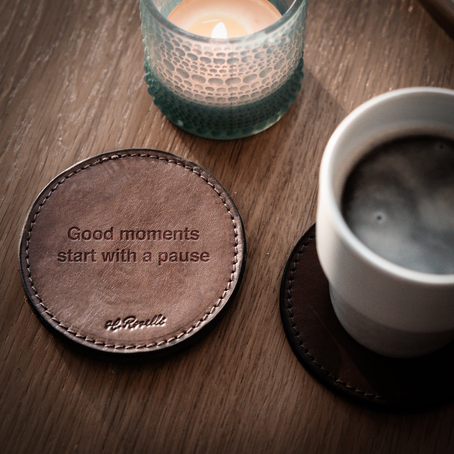 Pack of four handmade Finnish leather coasters. Free engraving included. 