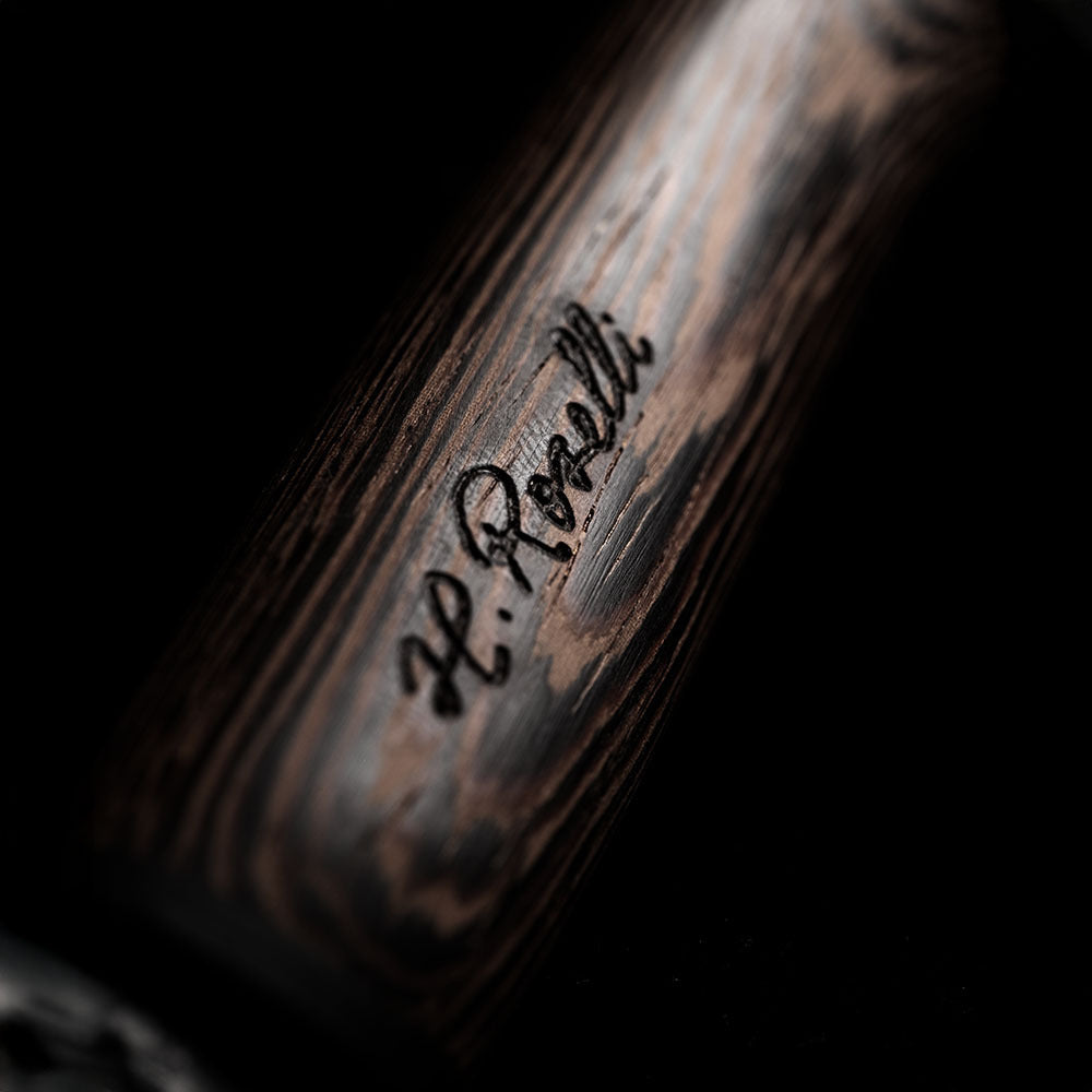 Roselli's limited edition knife "Carpenter knife black edition". Made from exclusive laminated carbon steel, wenge wood handle with carbon fiber ferrule. Comes with a handmade leather sheath in black. 