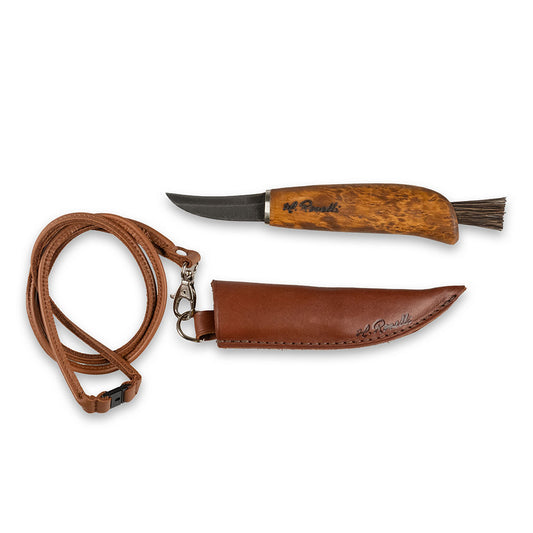 Finnish handmade mushroom knife made from carbon steel and curly birch. Comes with a handmade leather sheath and a mushroom brush made from arenga fiber