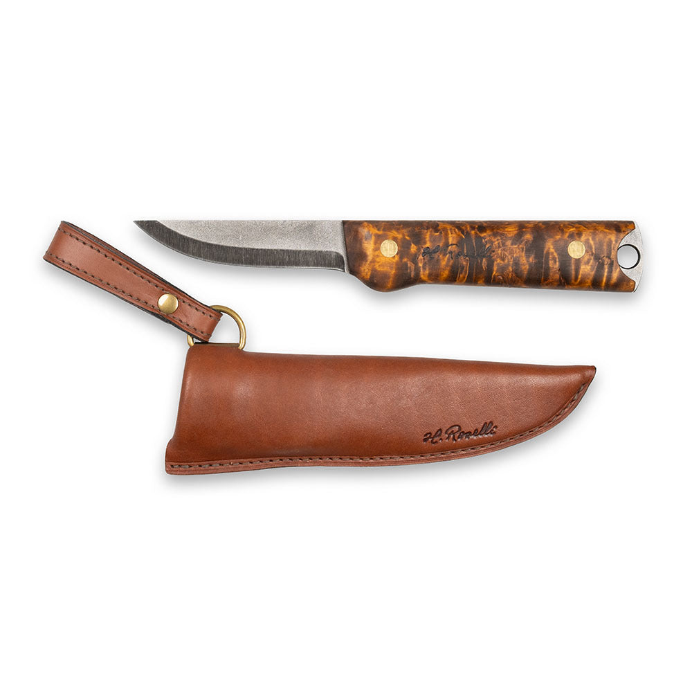 Handmade Finnish bushcraft knife from Roselli in model "Heimo 4" with a full tang blade and a handle made out of stained curly birch 