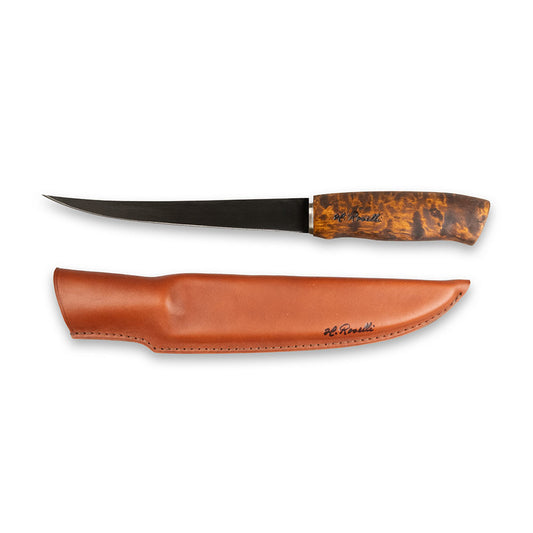 Roselli's handmade fillet and fishing knife with a long blade of carbon steel. Comes delivered with a handmade leather sheath. 