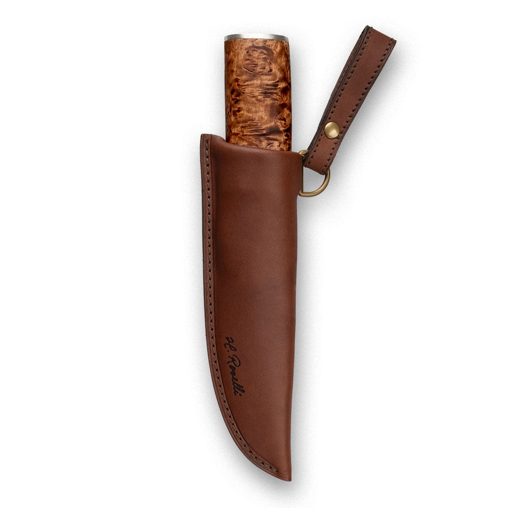 Handmade Finnish knife from Roselli in model "Hunting knife" comes with a handle made out of stained curly birch and details of silver ferrule