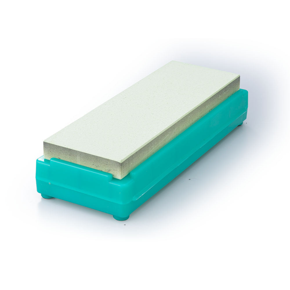 The Shapton Kuromaku #2000 is used to refine an already sharp edge. It removes the scratch pattern left by a #1000 stone and smooths the very tip of the edge.