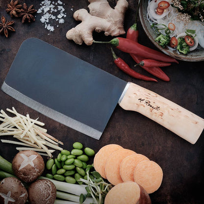 Handmade finnish kitchen knife from Roselli in model "Chinese chef knife" with a handla made out of curly birch