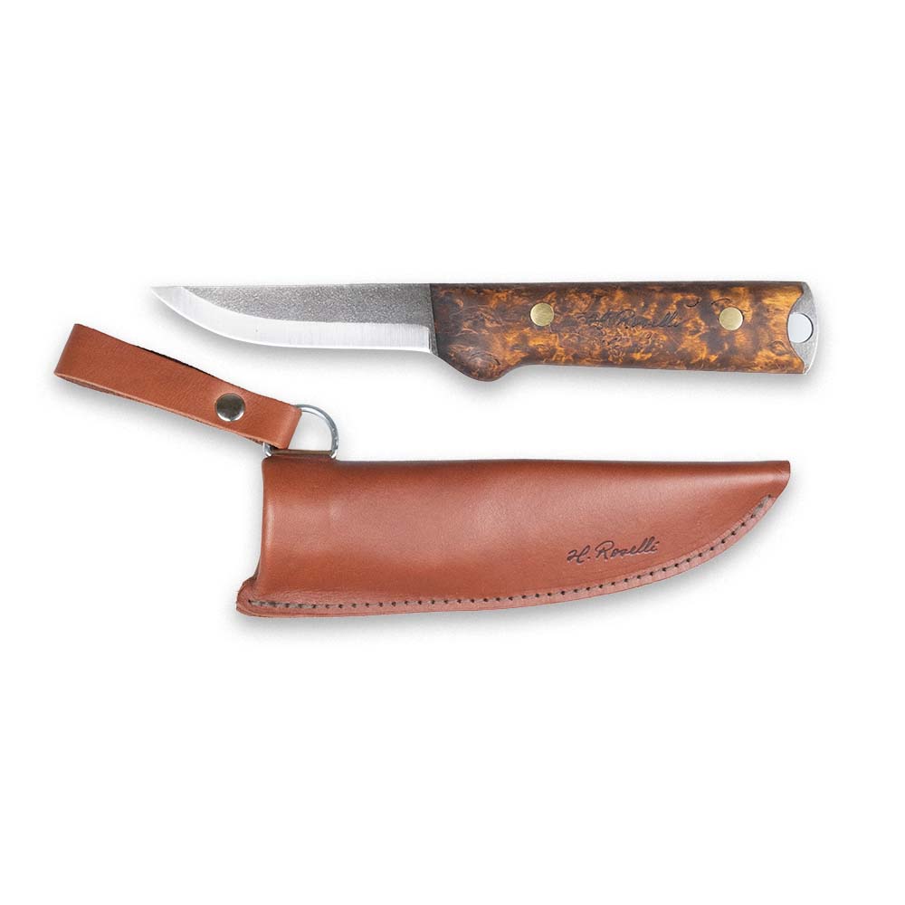 Handmade Finnish bushcraft knife from Roselli in model "Heimo 4" with a full tang blade and a handle made out of stained curly birch 